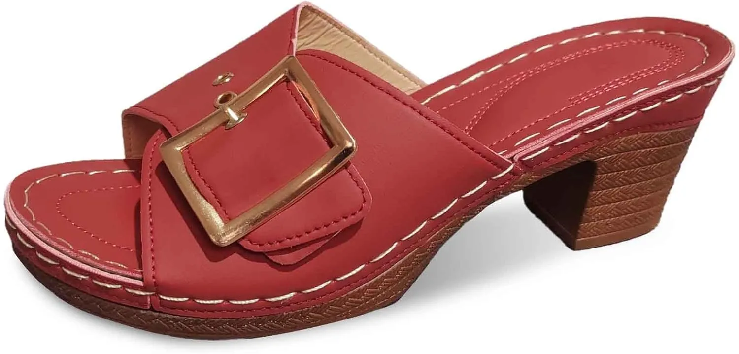 Women's Slide Heeled Sandals Opened Square Toe Chunky Block Heel Slippers with Buckle Slip on Long Womens Slippers