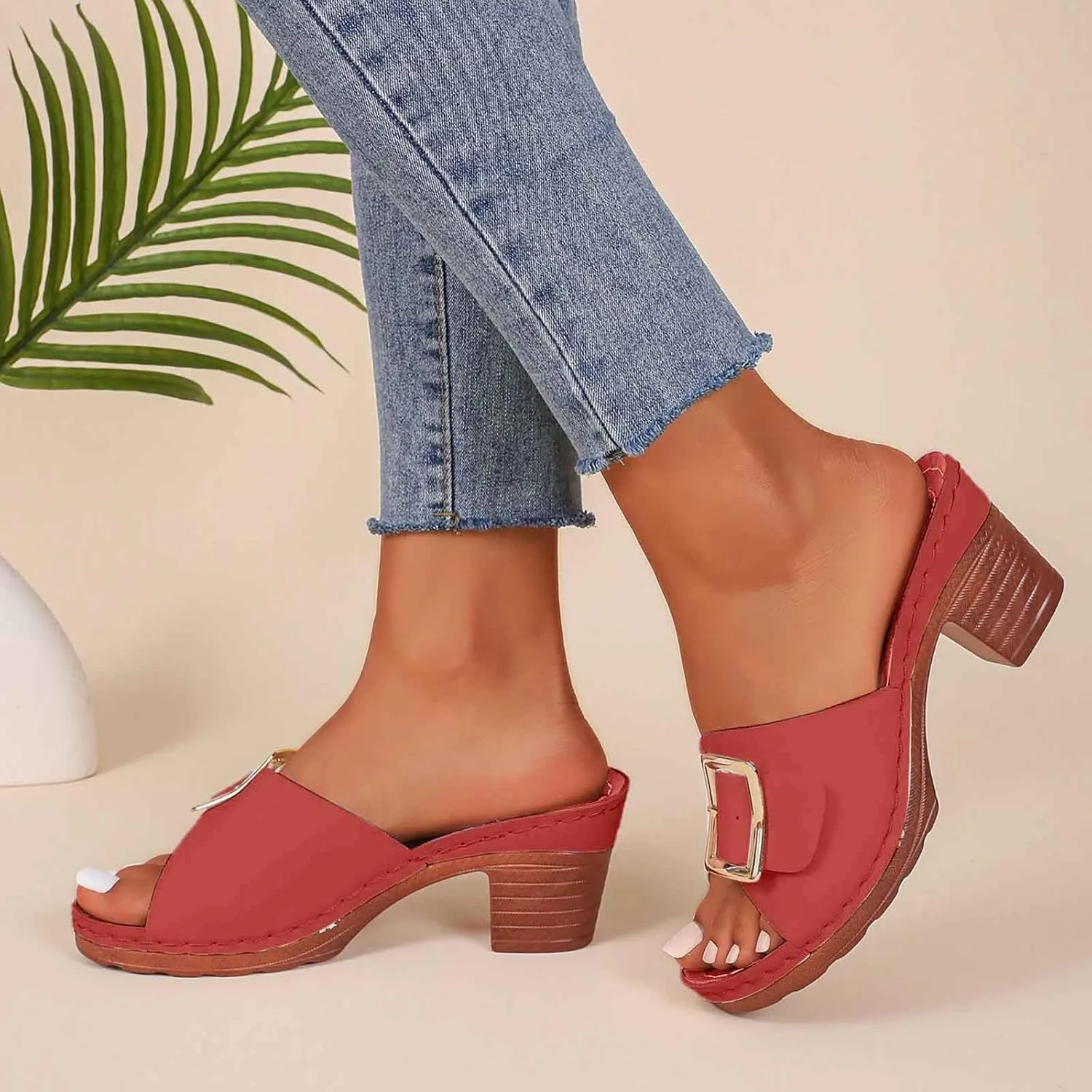 Women's Slide Heeled Sandals Opened Square Toe Chunky Block Heel Slippers with Buckle Slip on Long Womens Slippers