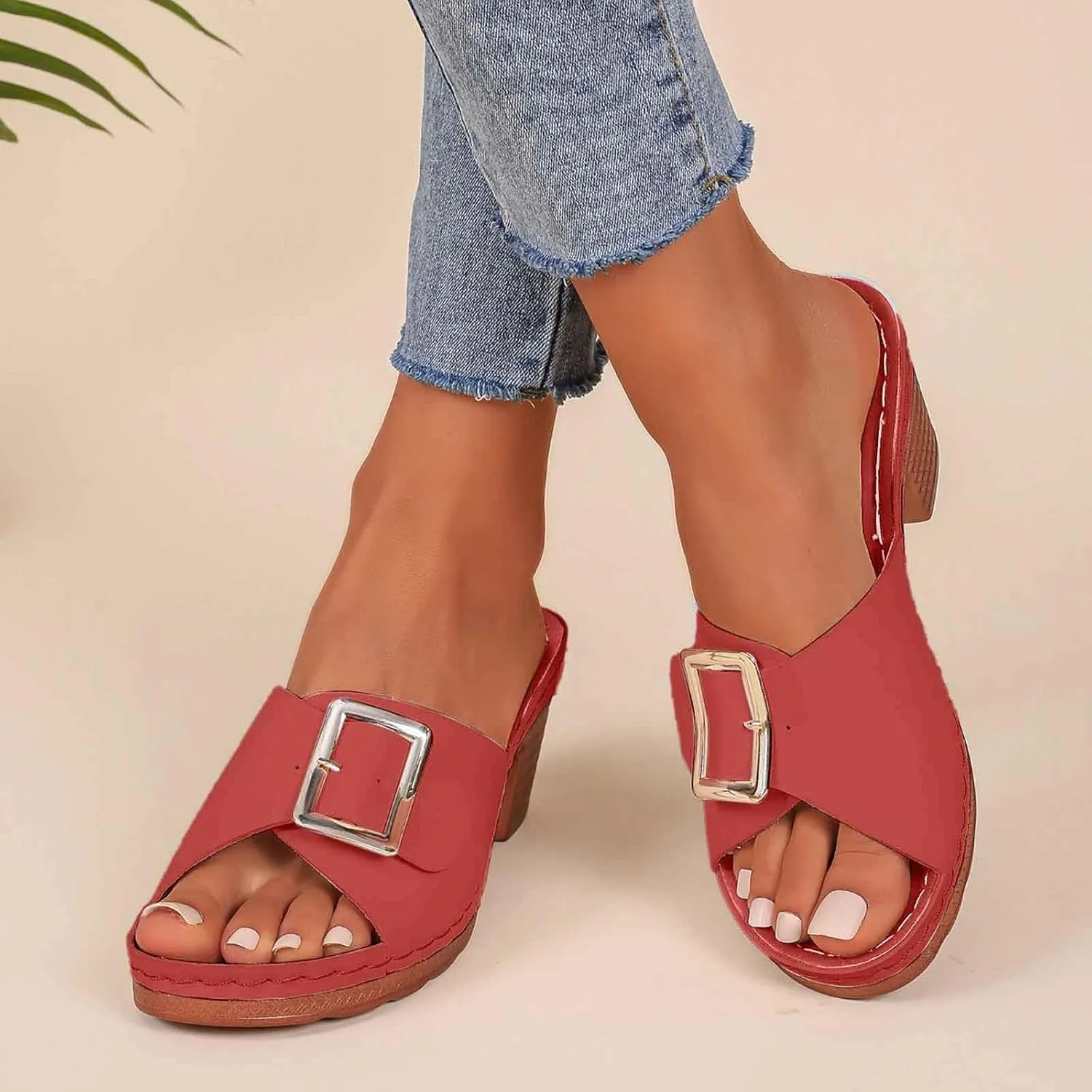 Women's Slide Heeled Sandals Opened Square Toe Chunky Block Heel Slippers with Buckle Slip on Long Womens Slippers