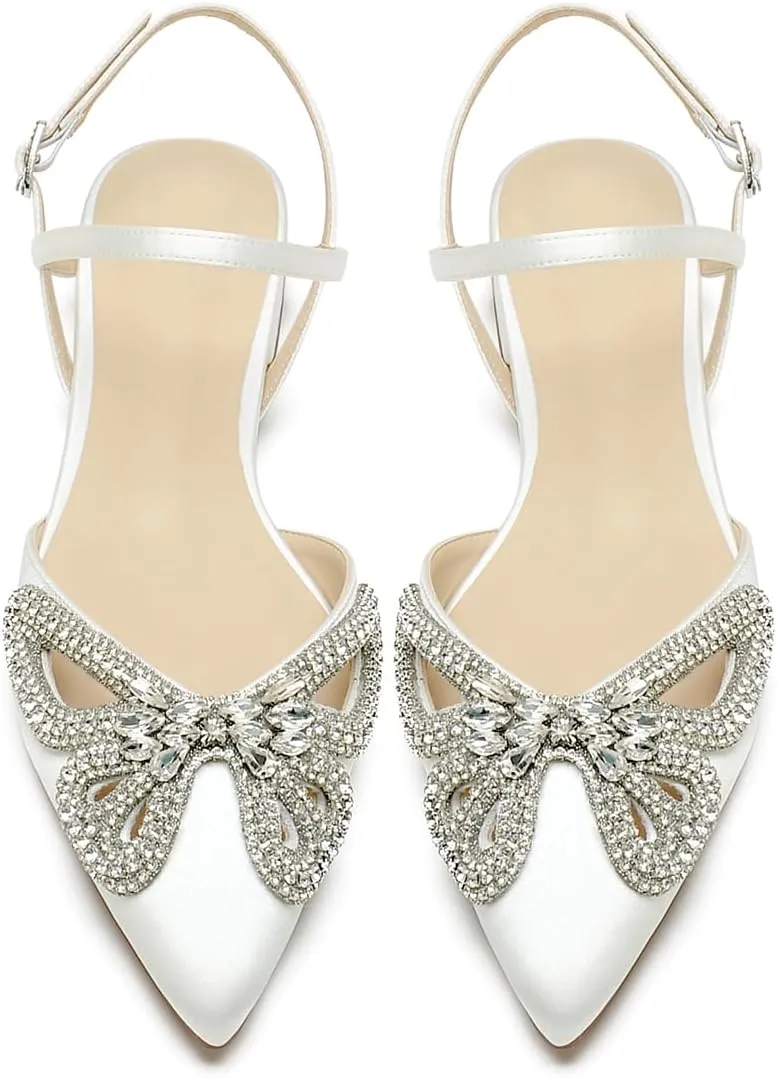 Women's Slingback Flats Rhinestones Bow Flat Pumps for Women Pointed Toe Comfort Flat Wedding Dress Shoes Sandals