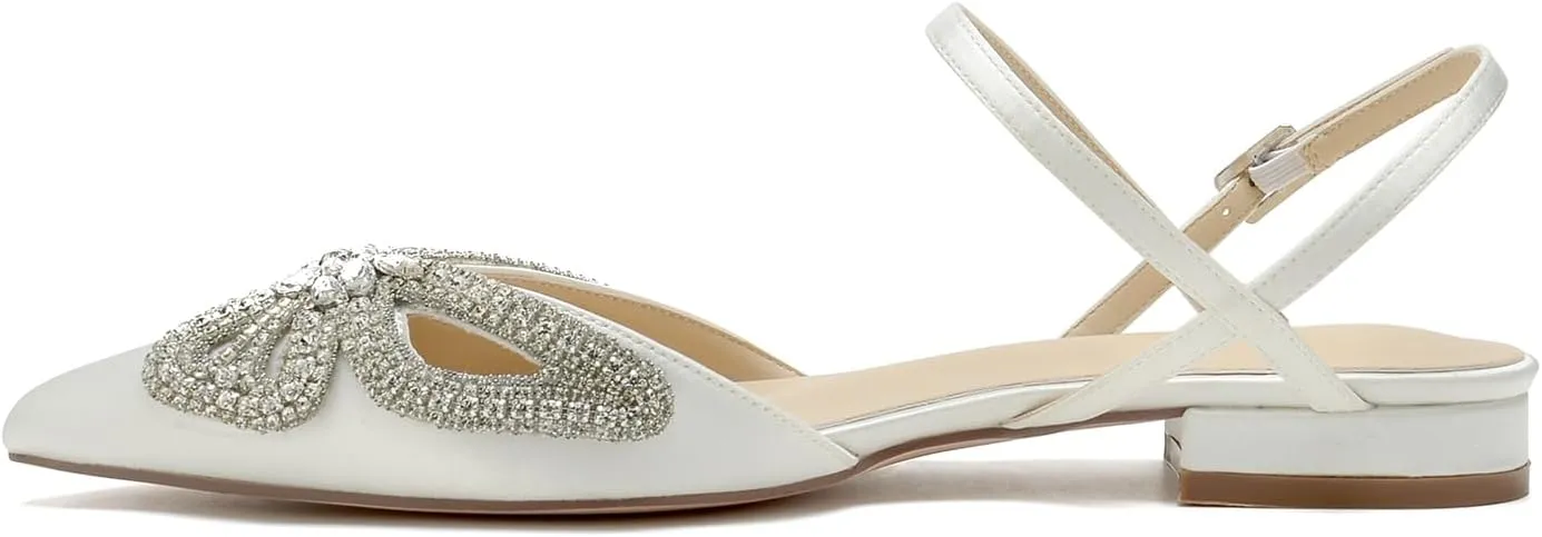 Women's Slingback Flats Rhinestones Bow Flat Pumps for Women Pointed Toe Comfort Flat Wedding Dress Shoes Sandals