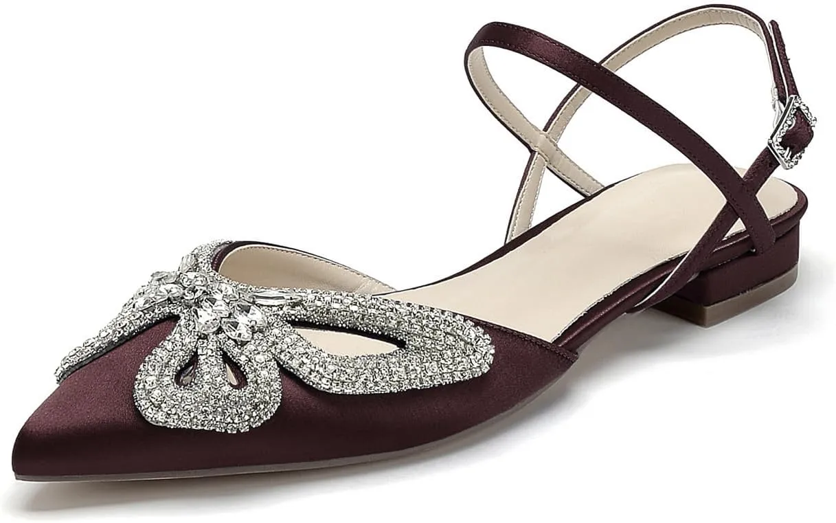 Women's Slingback Flats Rhinestones Bow Flat Pumps for Women Pointed Toe Comfort Flat Wedding Dress Shoes Sandals