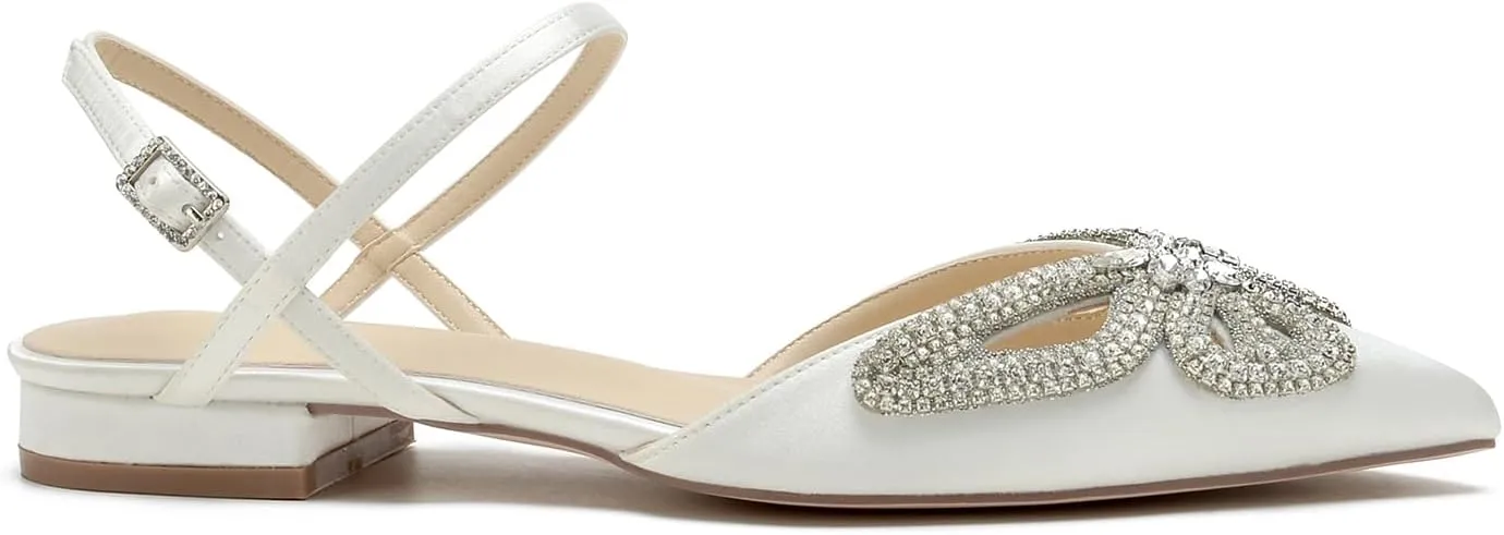 Women's Slingback Flats Rhinestones Bow Flat Pumps for Women Pointed Toe Comfort Flat Wedding Dress Shoes Sandals