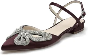 Women's Slingback Flats Rhinestones Bow Flat Pumps for Women Pointed Toe Comfort Flat Wedding Dress Shoes Sandals