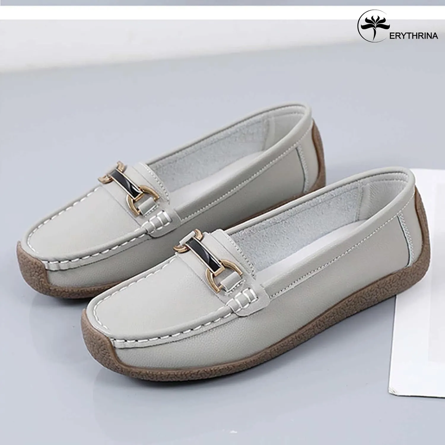 Women's Slip On Flats Loafers Leather Moccasins Walking Shoes Driving Penny Loafer with Anti-Slip Rubber Sole