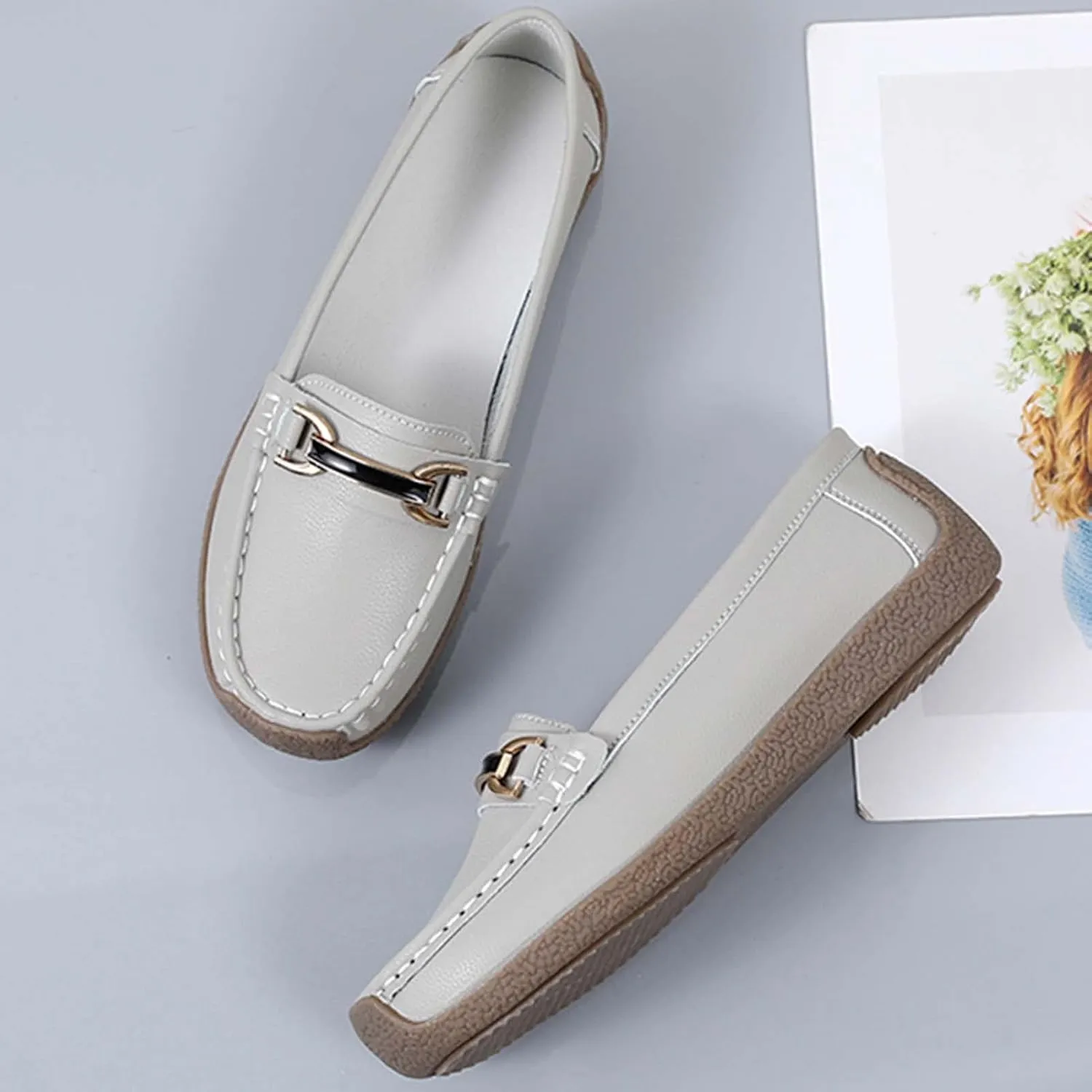 Women's Slip On Flats Loafers Leather Moccasins Walking Shoes Driving Penny Loafer with Anti-Slip Rubber Sole