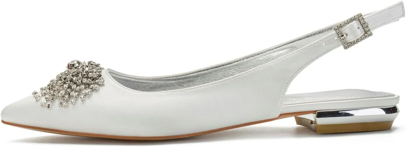 Womens Slip on Low Heel Bridal Shoes Slingback Sandals Pointed Toe Flat Wedding Shoes Strappy for Prom Party Rhinestones Closed Toe Pumps