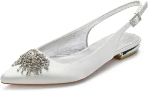 Womens Slip on Low Heel Bridal Shoes Slingback Sandals Pointed Toe Flat Wedding Shoes Strappy for Prom Party Rhinestones Closed Toe Pumps