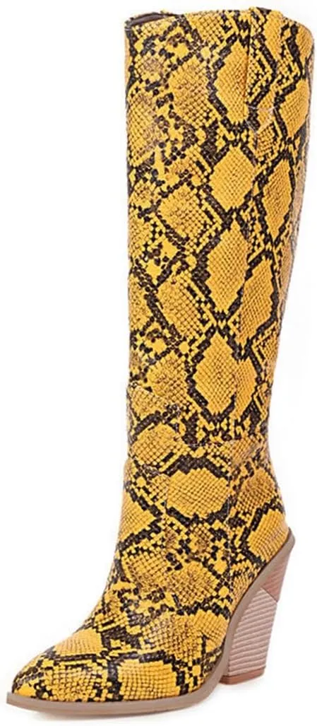 Womens Snake Print Knee High Boots Fashion Chunky Heel Pointed Toe Cowboy Boots Western Snakeskin Cowgirl Boots