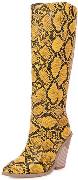 Womens Snake Print Knee High Boots Fashion Chunky Heel Pointed Toe Cowboy Boots Western Snakeskin Cowgirl Boots