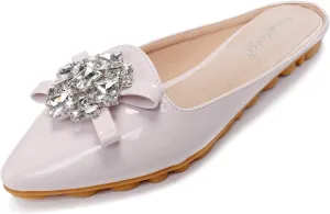 Women's Suede Leather Mules Mules for Woman Rhinestone Flats Comfortable Slip on Women Mule Shoe