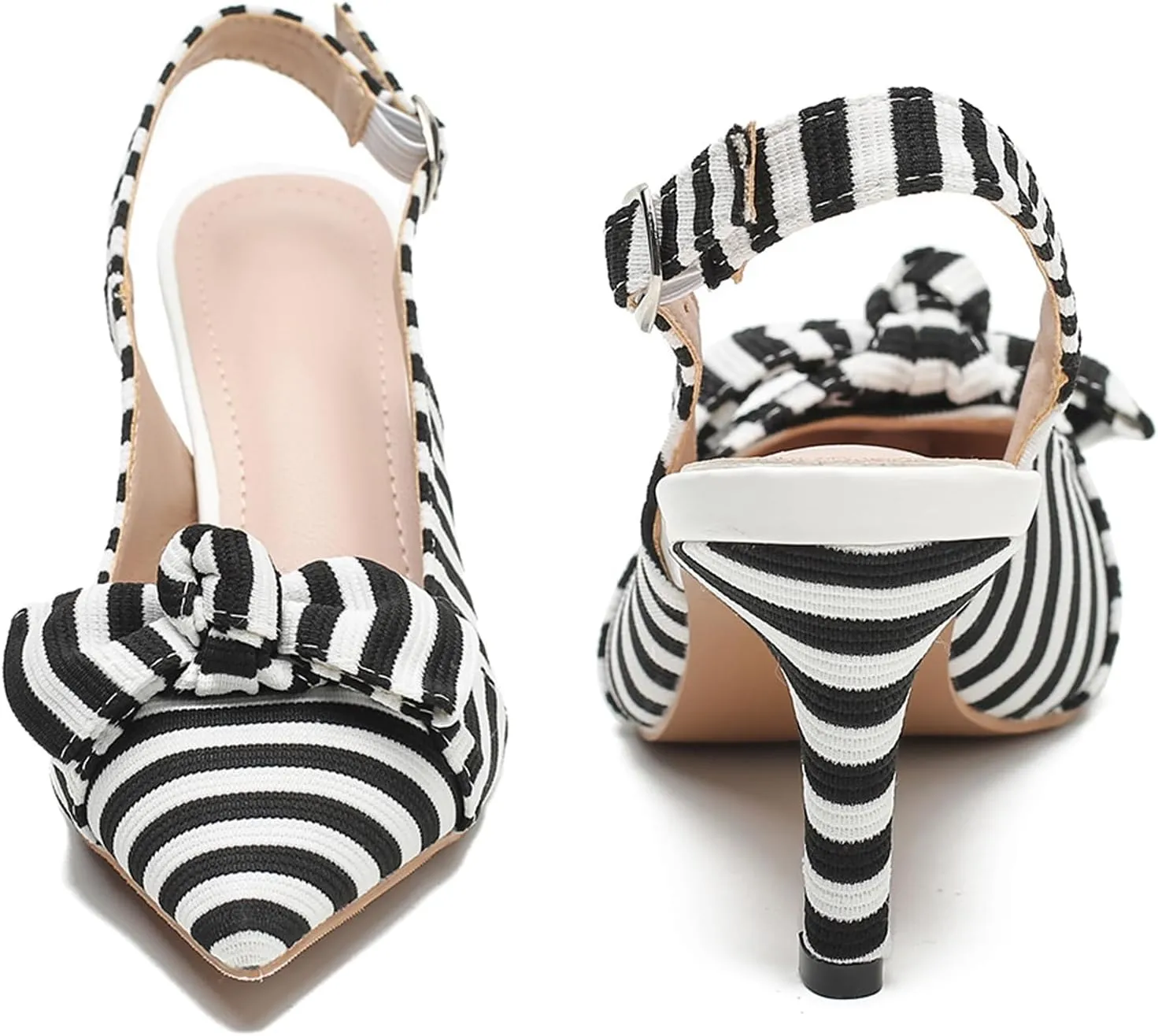 Women's White Black Stripes Slingback Kitten Heels Closed Pointed Toe Bow Tie Slip On Work Pumps Ankle Strap Stiletto Formal Party Wedding Dress Shoes
