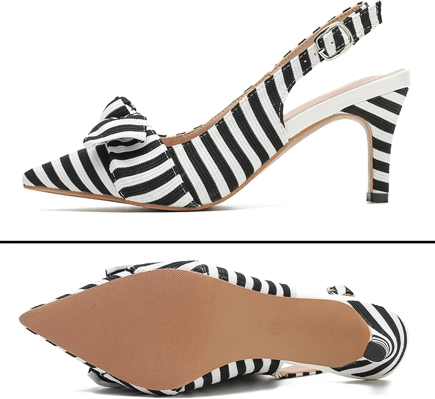 Women's White Black Stripes Slingback Kitten Heels Closed Pointed Toe Bow Tie Slip On Work Pumps Ankle Strap Stiletto Formal Party Wedding Dress Shoes