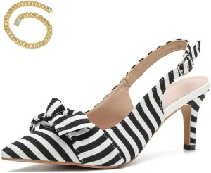 Women's White Black Stripes Slingback Kitten Heels Closed Pointed Toe Bow Tie Slip On Work Pumps Ankle Strap Stiletto Formal Party Wedding Dress Shoes