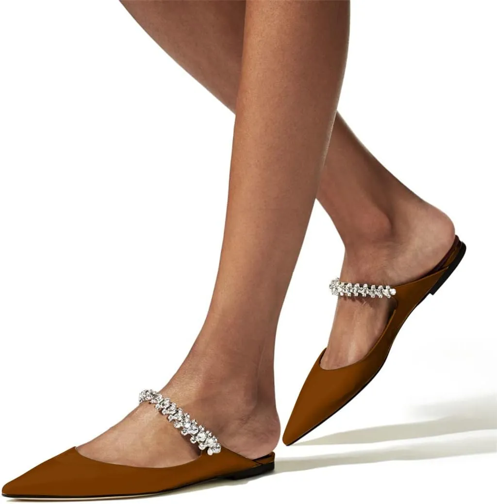XINIUNIU Women Heeled Mules Patent Leather Strapped Mules Pointed Toe Slip On Sandals for Women Rhinestones Bridal Dress Shoes