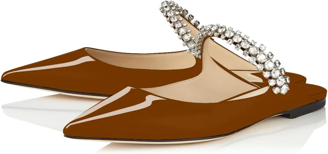 XINIUNIU Women Heeled Mules Patent Leather Strapped Mules Pointed Toe Slip On Sandals for Women Rhinestones Bridal Dress Shoes