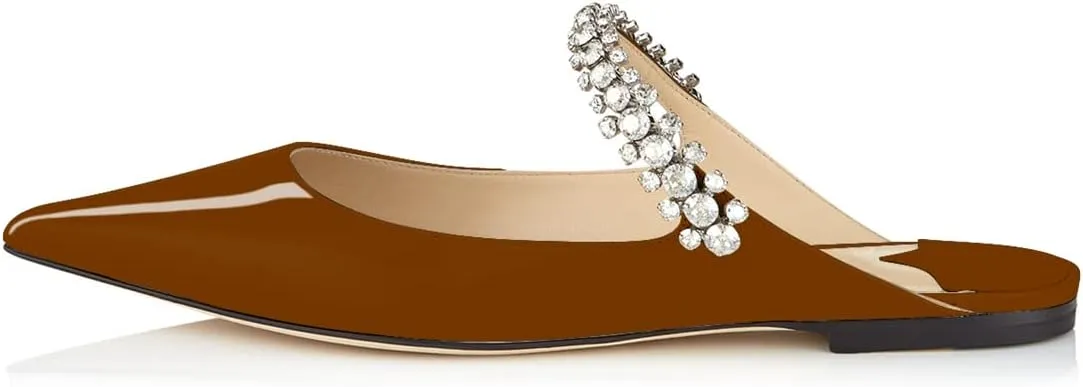 XINIUNIU Women Heeled Mules Patent Leather Strapped Mules Pointed Toe Slip On Sandals for Women Rhinestones Bridal Dress Shoes