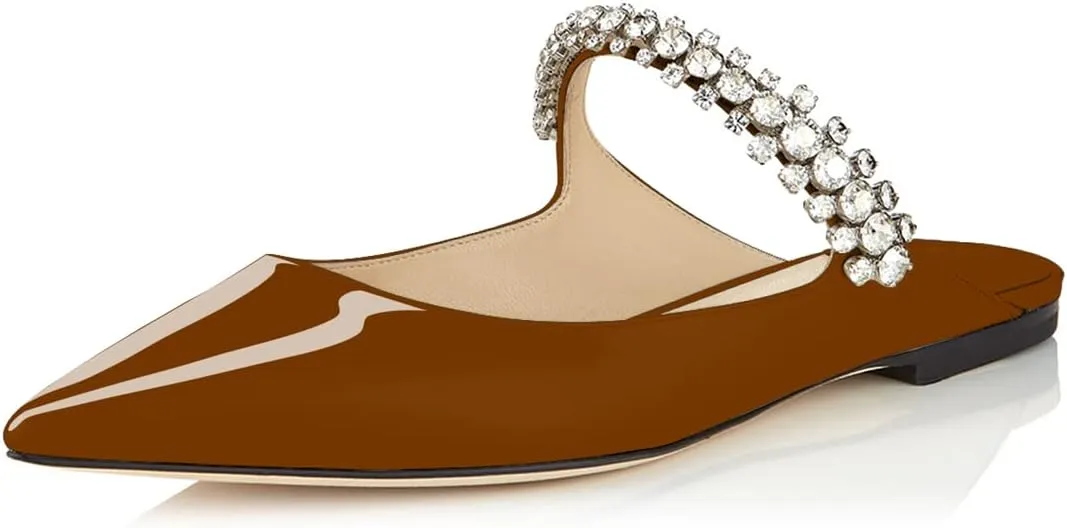 XINIUNIU Women Heeled Mules Patent Leather Strapped Mules Pointed Toe Slip On Sandals for Women Rhinestones Bridal Dress Shoes