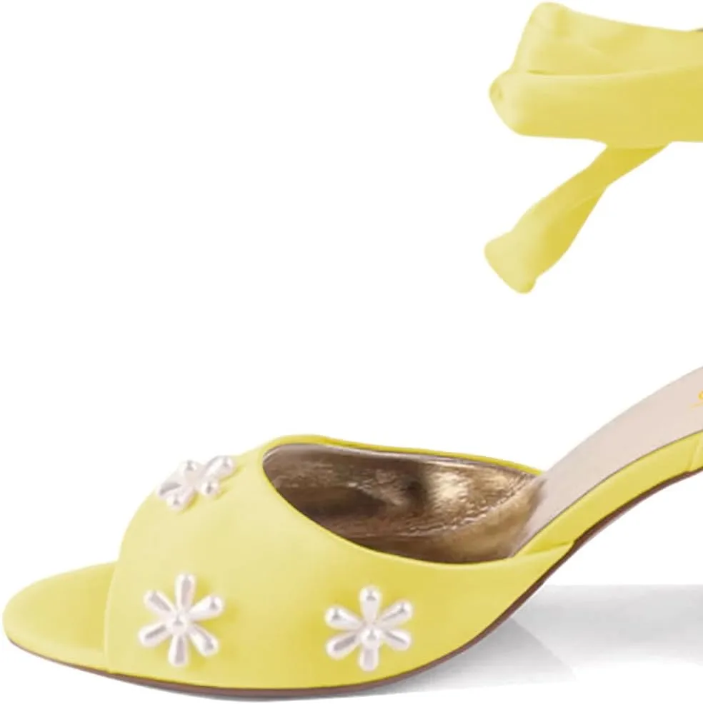 XYD Women Open Toe Sandals with Bloom Pearl Flower Ribbon Ankle Strap Chunky Block Heel Wedding Bridal Shoes
