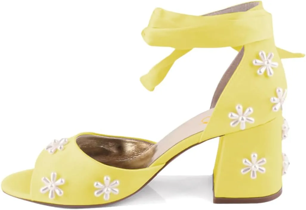 XYD Women Open Toe Sandals with Bloom Pearl Flower Ribbon Ankle Strap Chunky Block Heel Wedding Bridal Shoes