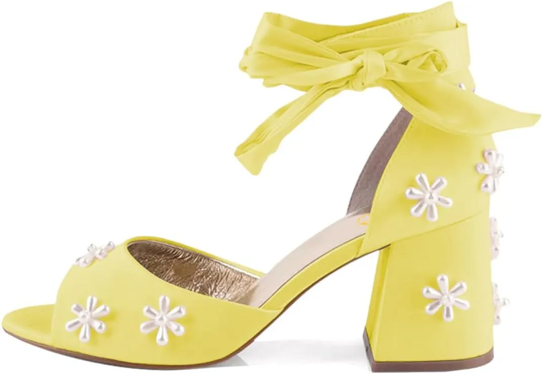 XYD Women Open Toe Sandals with Bloom Pearl Flower Ribbon Ankle Strap Chunky Block Heel Wedding Bridal Shoes