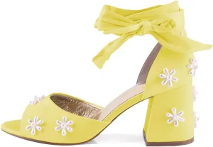 XYD Women Open Toe Sandals with Bloom Pearl Flower Ribbon Ankle Strap Chunky Block Heel Wedding Bridal Shoes