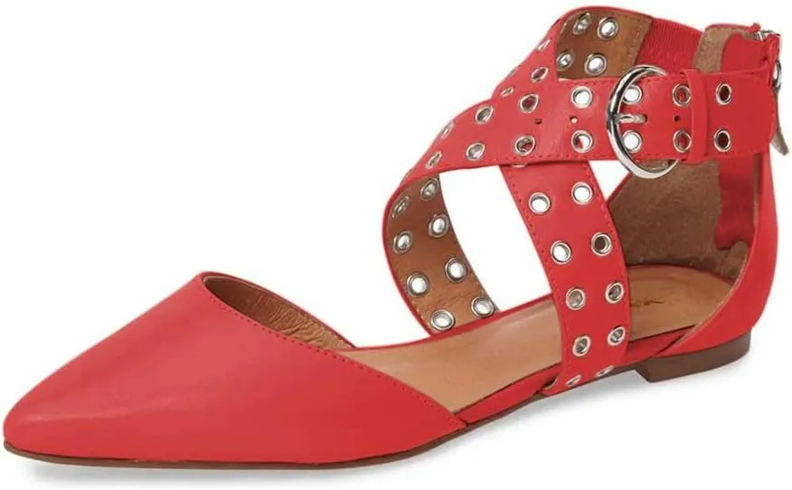 XYD Women Retro Crossover Strap Eyelet Pointed Toe Flats Sandals Back Zip D'Orsay Low Heel Buckle Dress Shoes