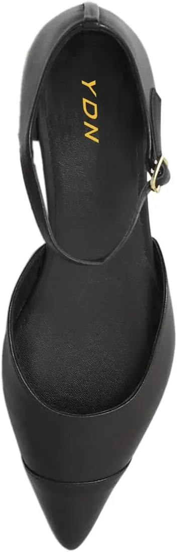 YDN Women's Cap Toe Low Heeled Pumps Pointed Toe Flat Sandals Ankle Buckled Strap Chic Dress Party Casual Shoes Size 4-16 US