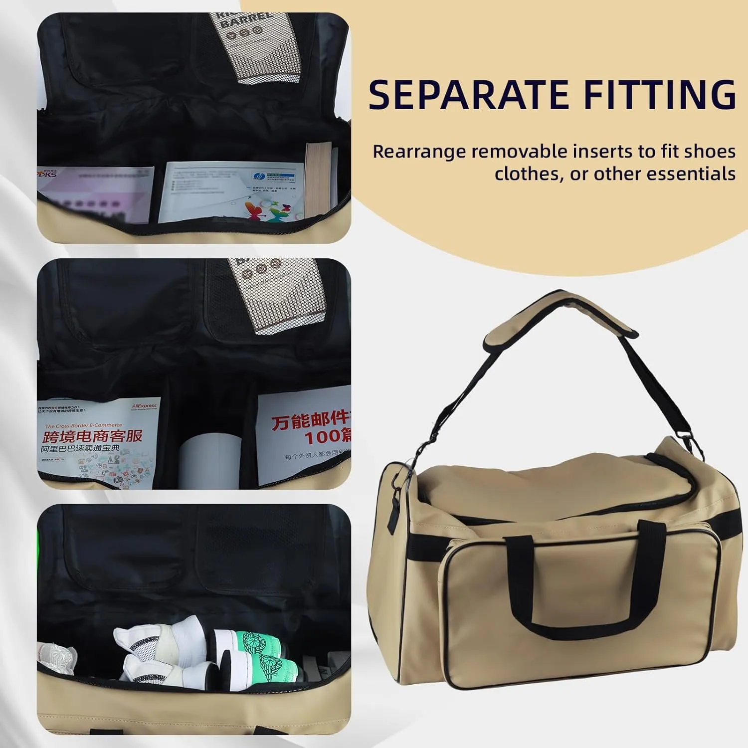 YXQ Sneaker Bag, 30L Large Capacity Multi-Function 4-Layer Gym Bag with Durable Shoulder Strap Adjustable Waterproof Travel Bag for Men,Light khaki
