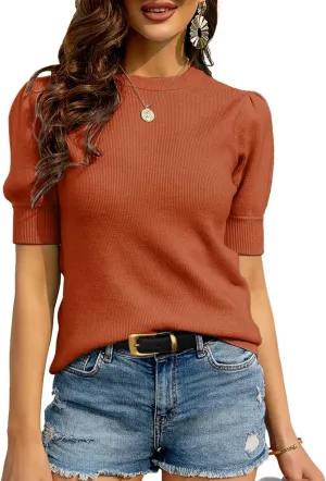 Zbyclub Womens Puff Short Sleeve Sweaters Pullover Shirt Tops Crew Neck Lightweight Knit Sweater Blouses